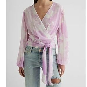 Express Floral Tie Banded Bottom Faux Wrap Top, Light Purple Print, Women's XS